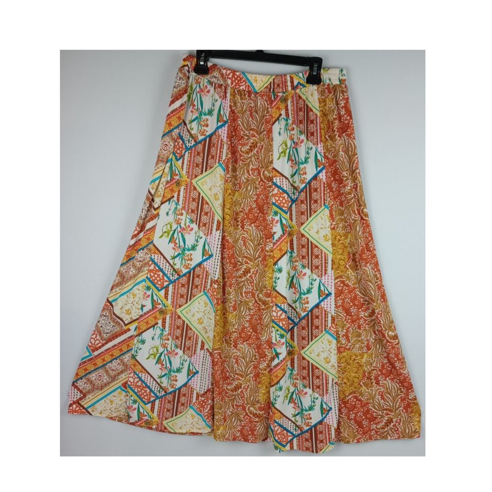 Cato Womens L Terracotta White Turquoise Floral Patchwork Flowy Maxi Skirt